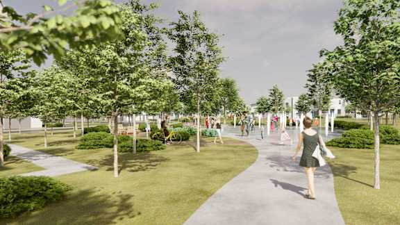 a park with trees and people walking on a path
