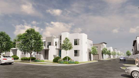 a rendering of a white apartment complex with cars parked in a parking lot
