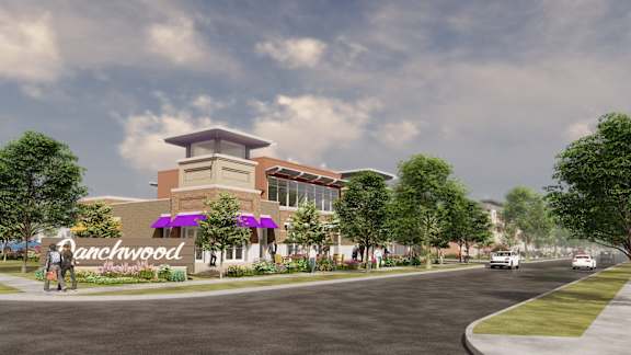 a rendering of a building with a street in front of it