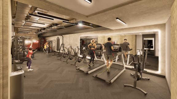 a rendering of a gym with people exercising on exercise machines
