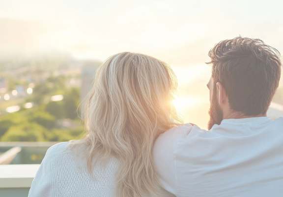A couple is sitting together, looking out over a cityscape.at Sylk Towers, Kitchener, ON