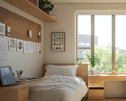 A bedroom with two beds, a desk, and a window overlooking a cityscape.