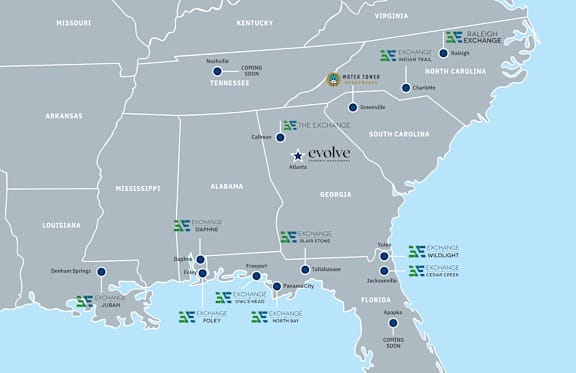 A map of the United States showing the locations of various Exchange stores.