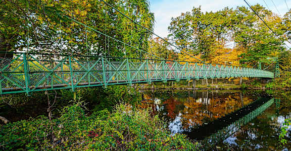 A green bridge over a calm body of water surrounded by trees.