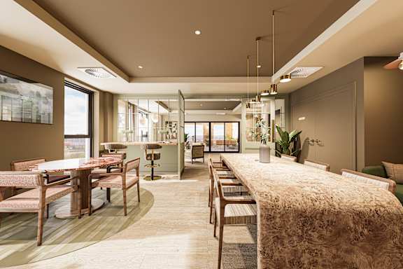 A modern office space with a green plant hanging from the ceiling and a long wooden table with chairs.