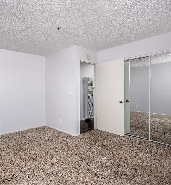 A room with a carpeted floor and a glass door.