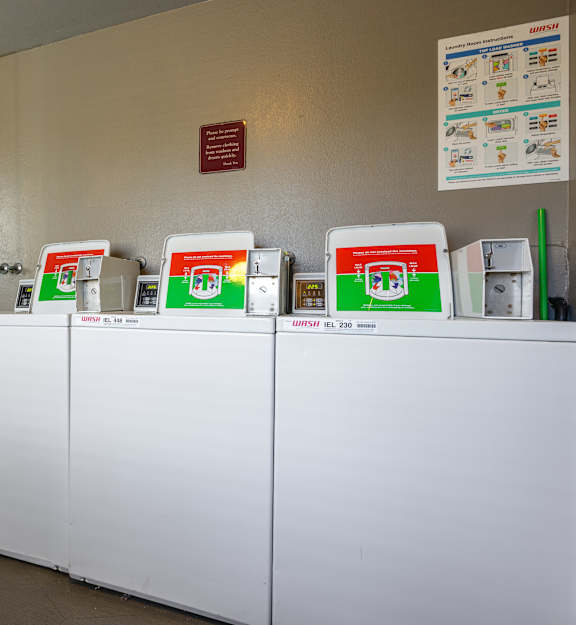 A row of washing machines are lined up in a laundromat.