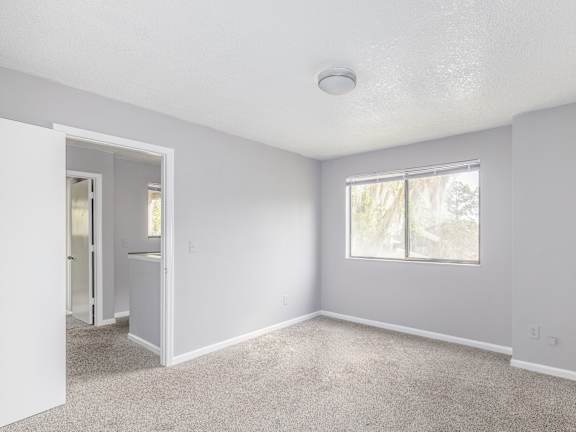 A room with a carpeted floor and a window.