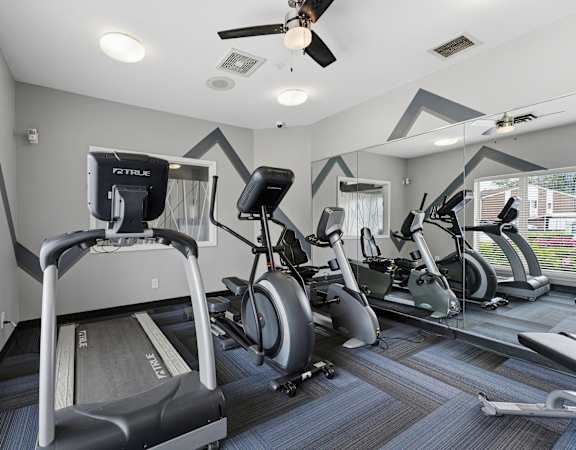 A gym with treadmills and exercise bikes.