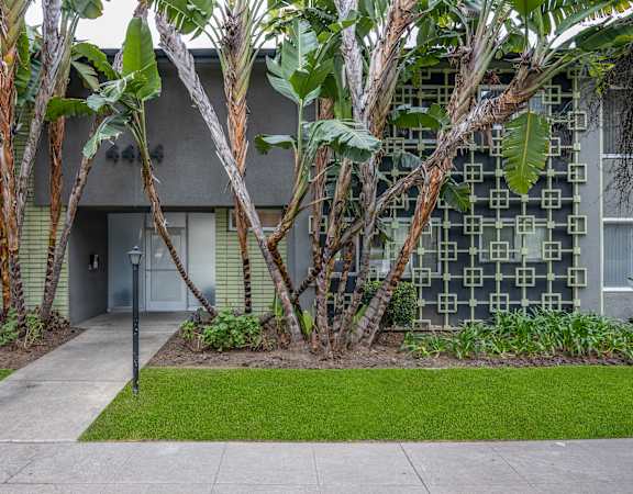 a building with a sidewalk and trees in front of it