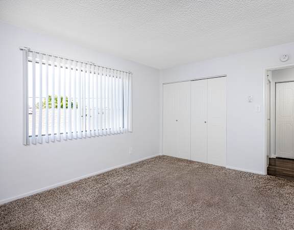 A room with a carpeted floor, a window with blinds, and a door.