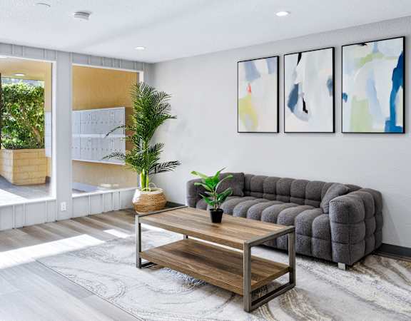 a living room with a couch and a coffee table