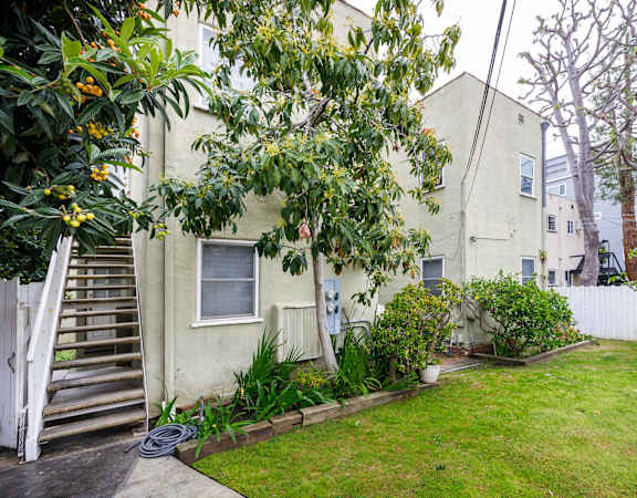 the backyard of an apartment building with a lawn and tree