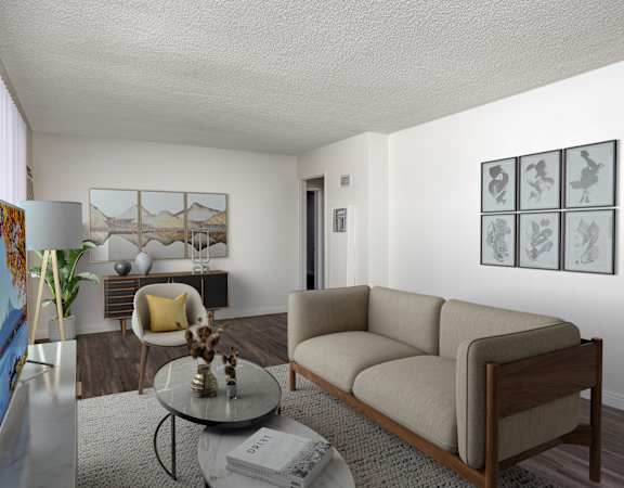 a living room with a couch and a table