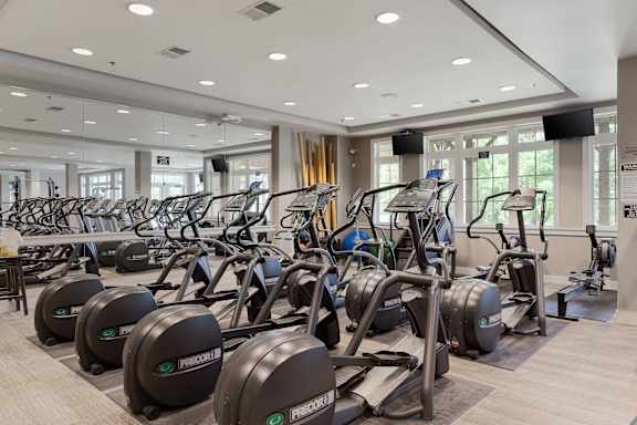 a gym filled with cardio machines and weights
