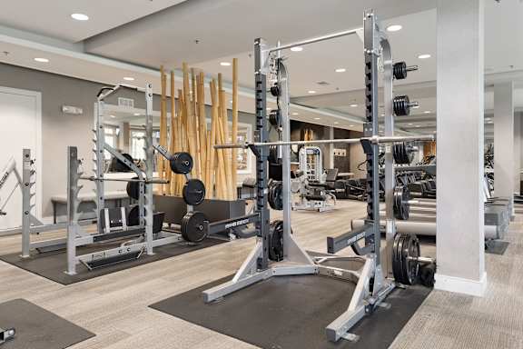 a gym with weights and dumbbells on the floor