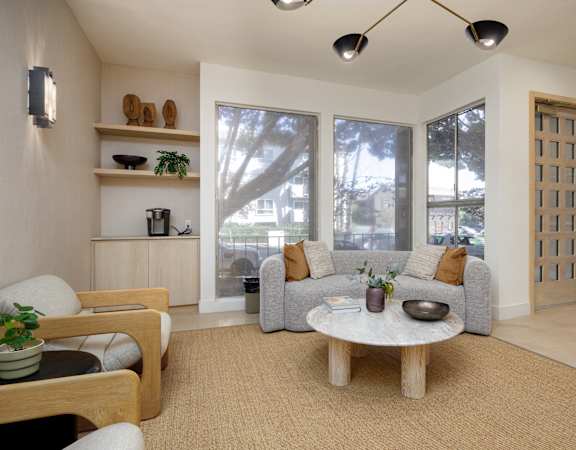 a living room with a couch and a coffee table