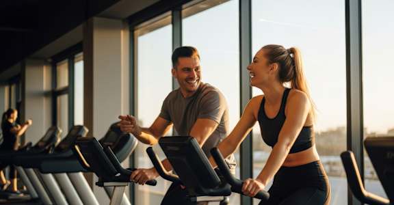 A man and a woman are exercising on treadmills in a gym.