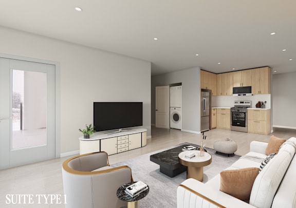A modern living room with a white sofa and a black coffee table.