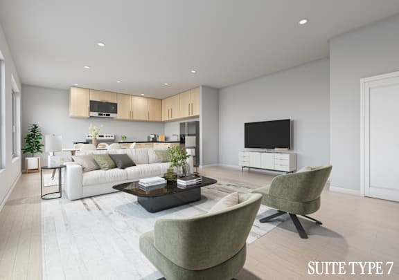 A modern living room with a green armchair and a coffee table.