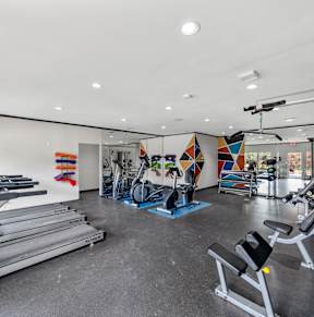 A gym with treadmills, weights, and exercise equipment.