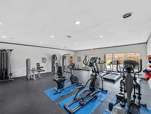 a gym with treadmills and other exercise equipment