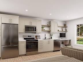 A modern kitchen with a refrigerator, oven, and microwave.