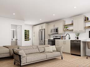 A modern kitchen with a couch and a dining table.