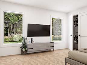 A modern living room with a flat screen TV mounted on the wall.