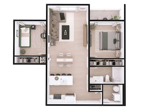 A top-down view of a living room, kitchen, and bathroom.