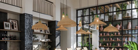 A modern dining room with a black and white checkered floor and wooden furniture. at La Unión, Tampa, FL, 33605