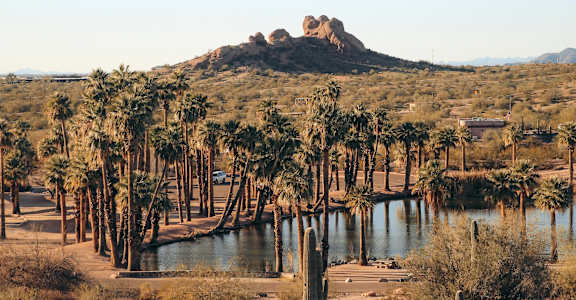 A desert landscape with a large rock formation in the distance.