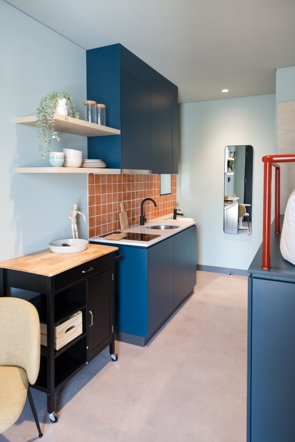 a small kitchen with blue cabinets and a sink and a black