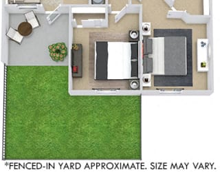Salamanca with Fenced-in Yard. 2 bedroom apartment. Kitchen with bartop open to living room. 1 full bathroom. Walk-in closet in master. Patio/balcony open to yard. External storage.