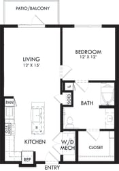 Christopher 1 bedroom, 1 bath. L-shaped kitchen with island and pantry. Patio/Balcony