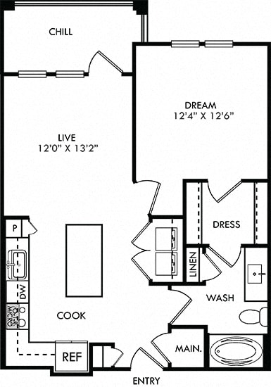 The Oatts. 1 bedroom apartment. Kitchen with island open to living room. 1 full bathroom. Walk-in closet. Patio/balcony.