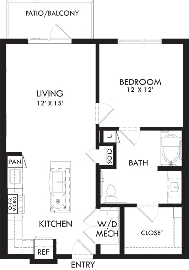 Christopher 1 bedroom, 1 bath. L-shaped kitchen with island and pantry. Patio/Balcony