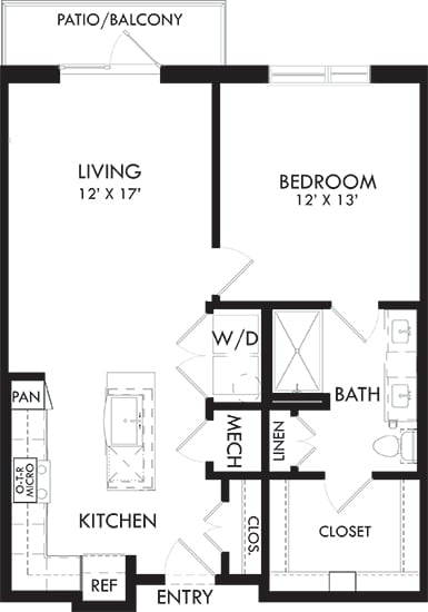 Lexington 1 bedroom, 1 bath. L-shaped kitchen with island and pantry. washer/dryer. Double sink bath vanity. linen closet. Patio/balcony