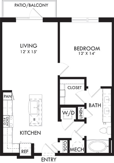 Maiden 1 bedroom, 1 bath. Kitchen with island and pantry. Coat closet at entry. Stackable Washer/Dryer. double sink vanity. Linen closet. Patio/Balcony.