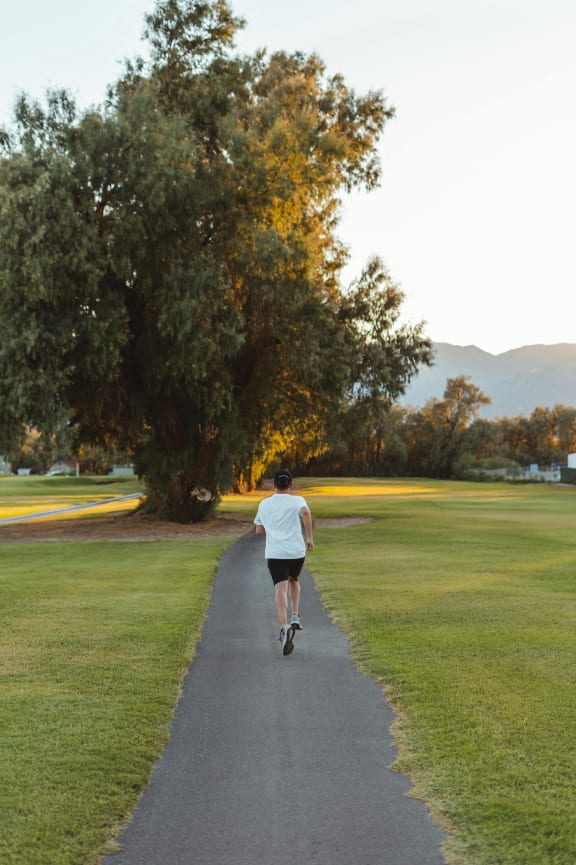 a person running down a path in a park