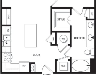 1 bedroom, 1 bath floorplan. L-shaped kitchen. entry nook. built in desk in kitchen. open to living/dining. double sink vanity. stackable w/d. balcony.