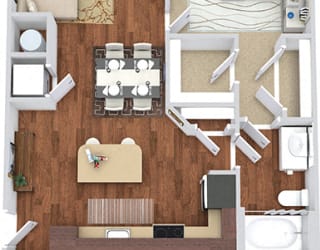 Stone 3D. 1 bedroom apartment. Kitchen with island open to living/dinning rooms. 1 full bathroom. Walk-in closet. Patio/balcony.