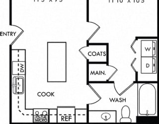 The Miller. 1 bedroom apartment. Kitchen with island open to living room. 1 full bathroom. Walk-in closet. Patio/balcony.