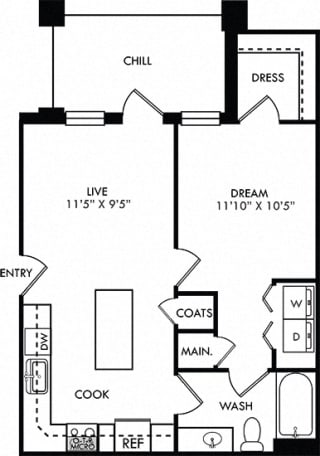 The Miller. 1 bedroom apartment. Kitchen with island open to living room. 1 full bathroom. Walk-in closet. Patio/balcony.