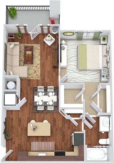 Stone 3D. 1 bedroom apartment. Kitchen with island open to living/dinning rooms. 1 full bathroom. Walk-in closet. Patio/balcony.