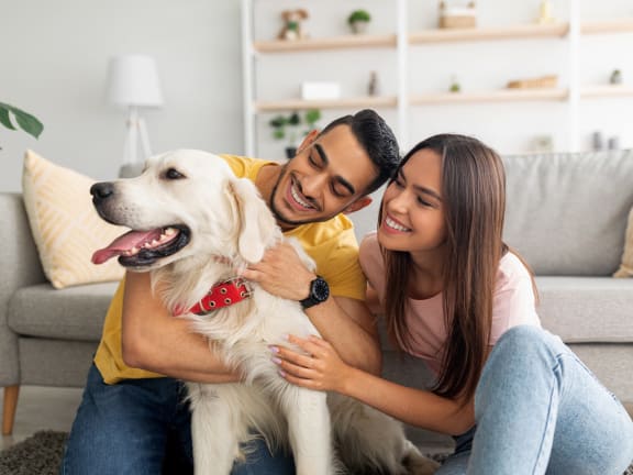 a man and woman sitting on a couch with a dog