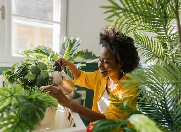 a woman watering her plants with a watering can at Cityscape, St Louis Park, MN, 55416