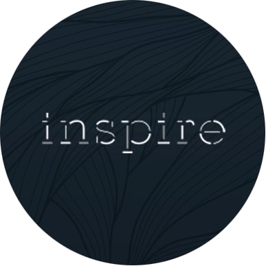 An artistic dark blue circular background of plants with the Inspire logo in the center.