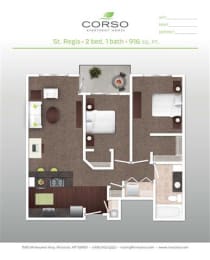 2 Bed 1 Bath Floor Plan at Corso Apartments, Missoula, 59801
