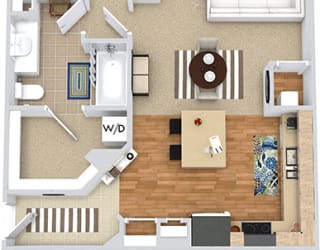 The Heron 3D. 1 bedroom apartment. Kitchen with island open to living/dinning rooms. 1 full bathroom. Walk-in closet. Patio/balcony.